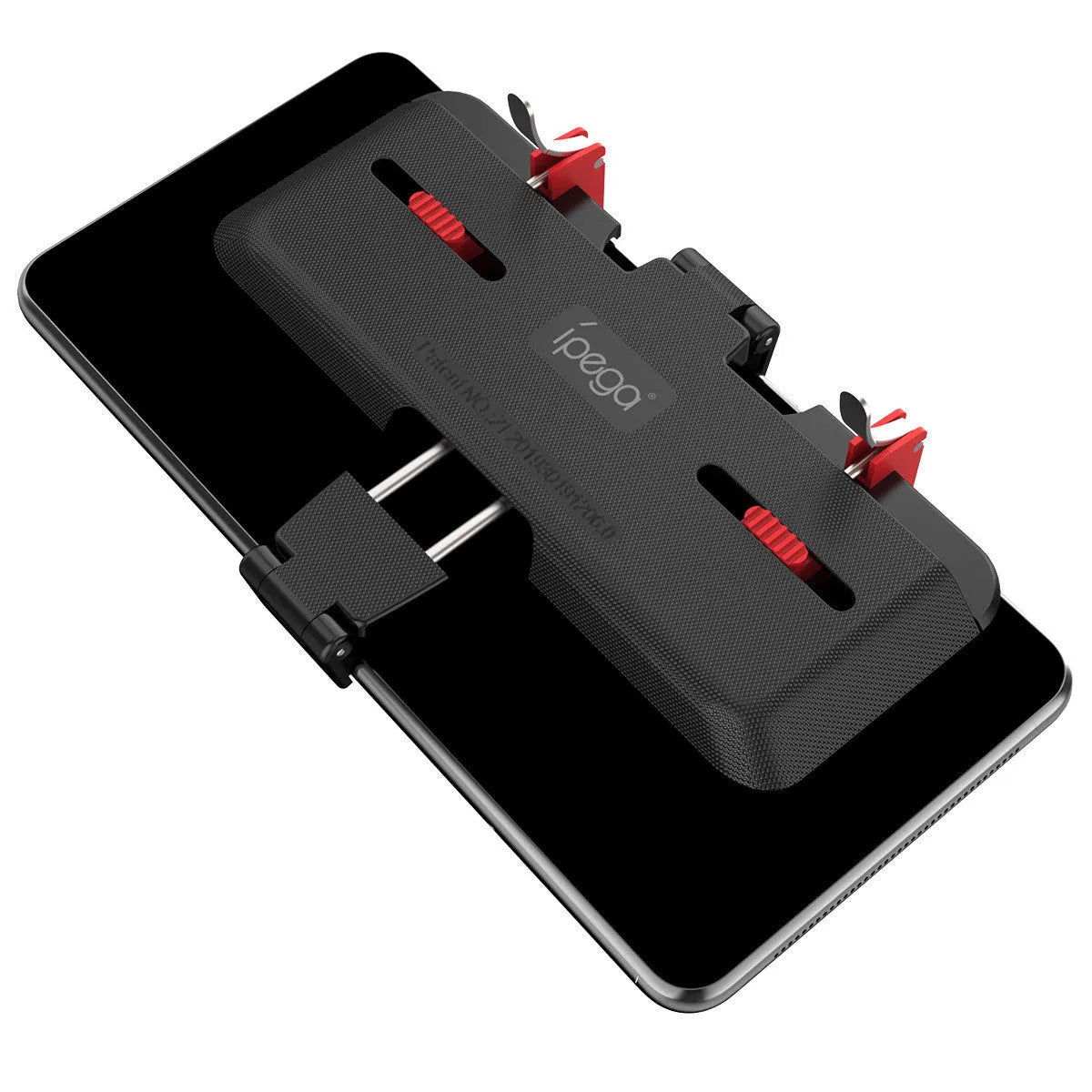 Black mobile gaming phone bracket with an adjustable trigger button and telescopic fixing clip extended.