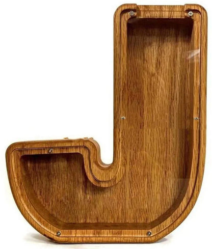 Handmade wooden letter piggy bank with personalised initial, showing 15cm height and 5cm coin slot for UK coins