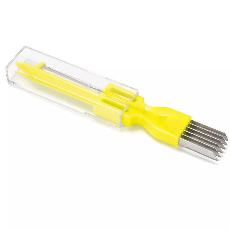 Stainless steel and plastic multi-function fruit and vegetable peeler in yellow