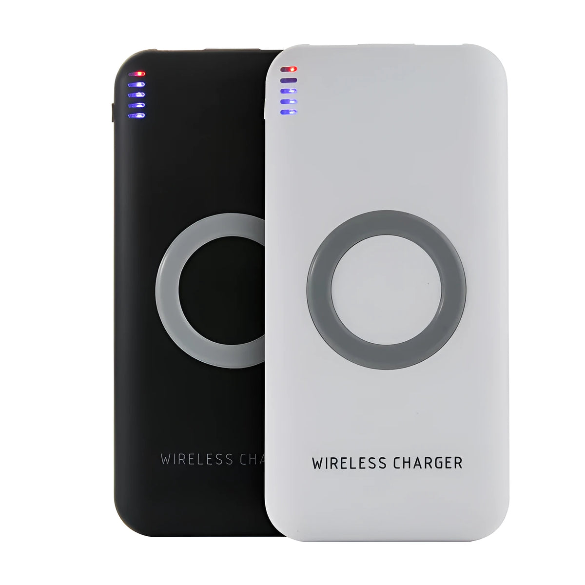 B100 wireless charging power bank in black or white colour showing USB port and wireless charging surface