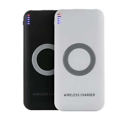 B100 wireless charging power bank in black or white colour showing USB port and wireless charging surface
