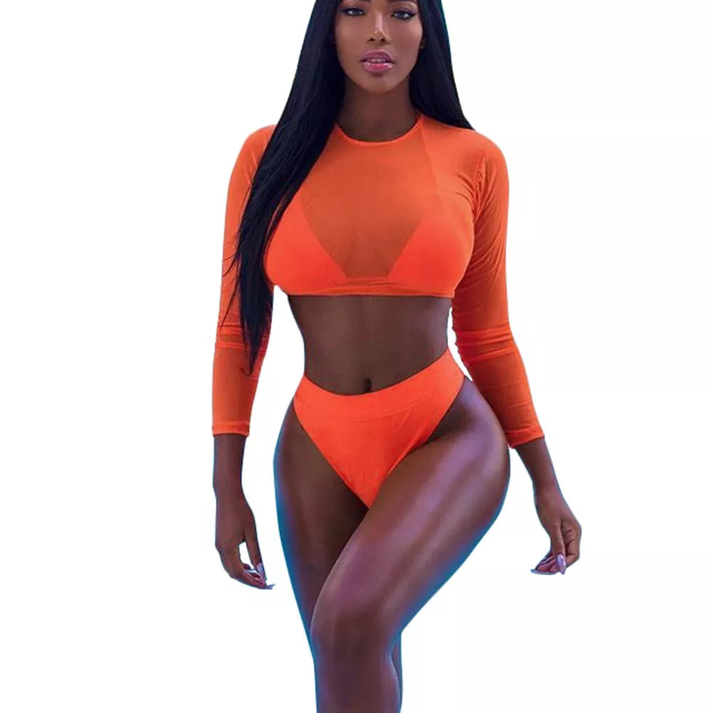 Three-piece solid orange high waist see-through bikini set for women