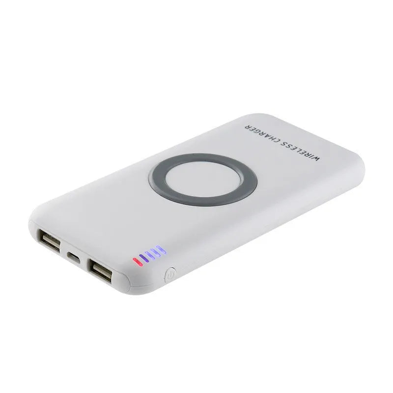 B100 wireless charging power bank in black or white colour showing USB port and wireless charging surface