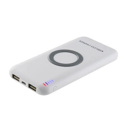 B100 wireless charging power bank in black or white colour showing USB port and wireless charging surface