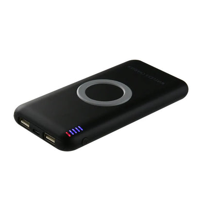 B100 wireless charging power bank in black or white colour showing USB port and wireless charging surface
