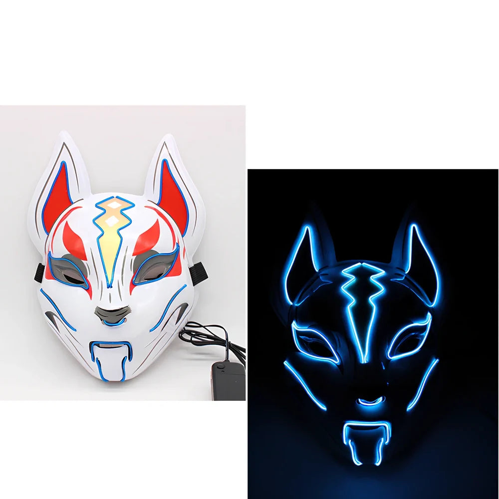 Glowing blue cat face mask with LED illumination measuring 28cm by 18cm for cosplay and Halloween events