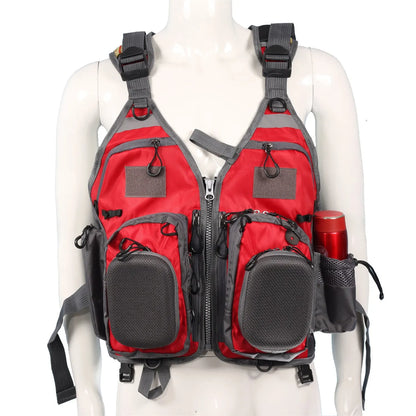Fishing life jacket with removable EPE foam inserts, 10 pockets, adjustable straps, and reflective panels for water safety