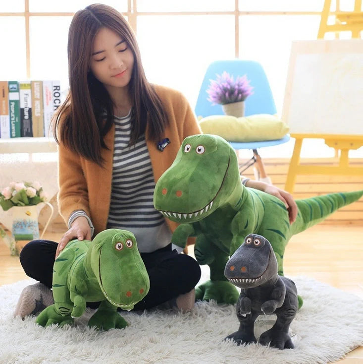 Adorable green dinosaur plush toy for kids, soft and huggable, perfect as a birthday gift.