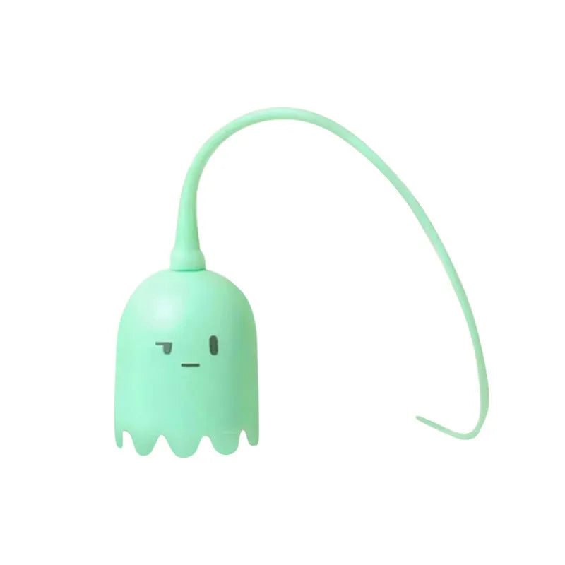 Green automatic electronic cat wand toy with silicone tails moving, placed on a carpet.