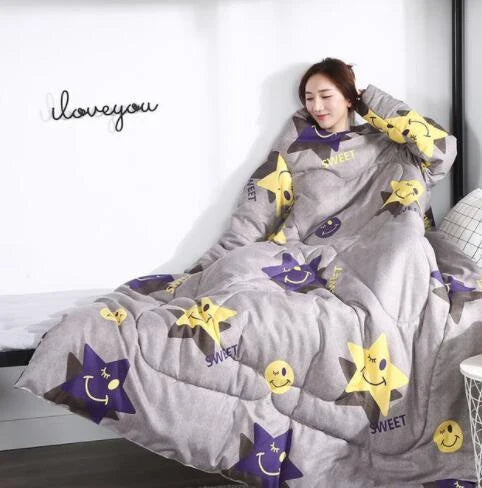 Cozy fleece blanket with sleeves in various colors, perfect for relaxing and enjoying indoor activities