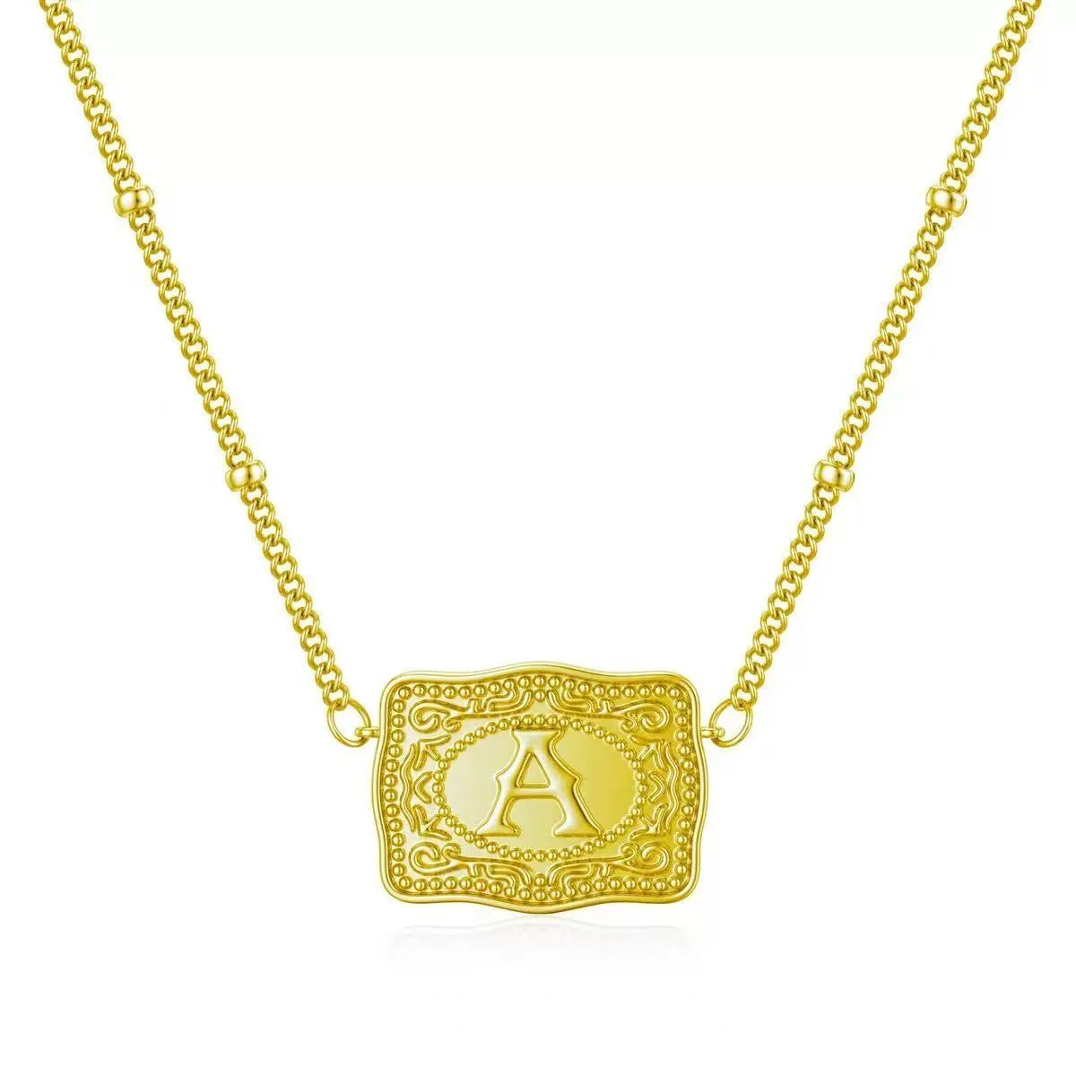 Copper initial necklace on a chain with a gold or white K electroplated finish
