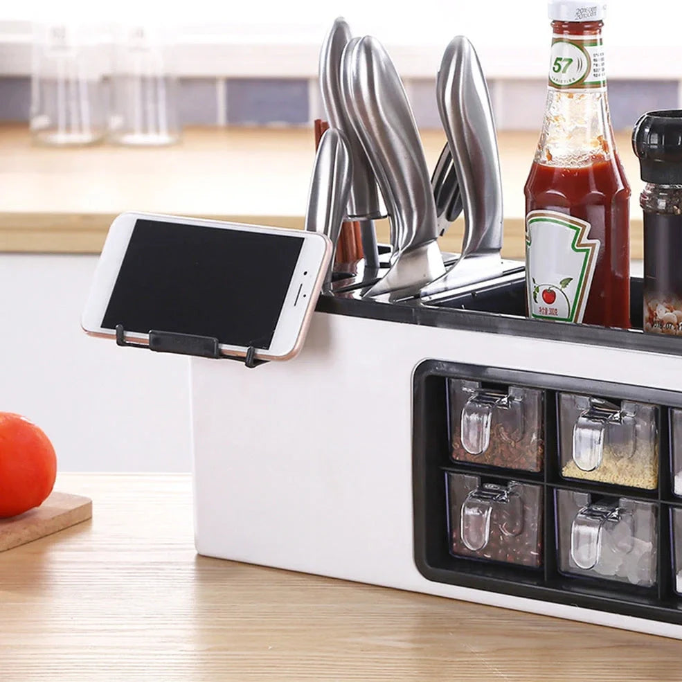 White wall-mounted plastic storage jar with pull-out transparent drawers for seasonings and kitchen utensils, dimensions 43.5cm x 16.7cm x 15.7cm