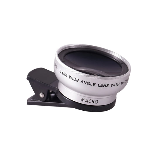LIEQI silver wide-angle and macro external camera lens attached to a smartphone.