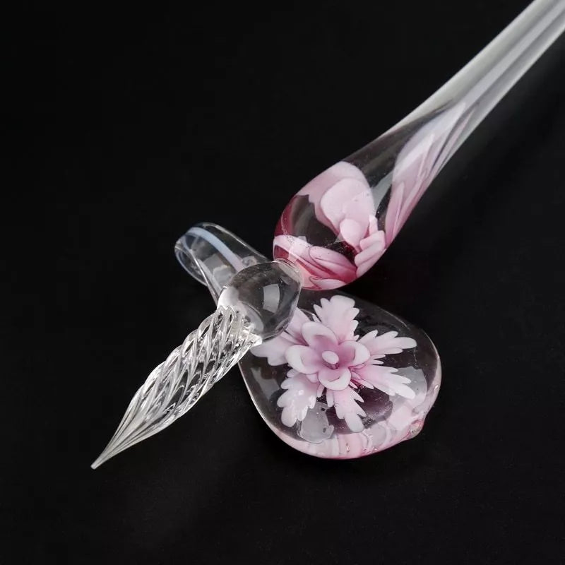 Crystal Flower Glass Dip Pen Set with elegant floral design and smooth writing nib