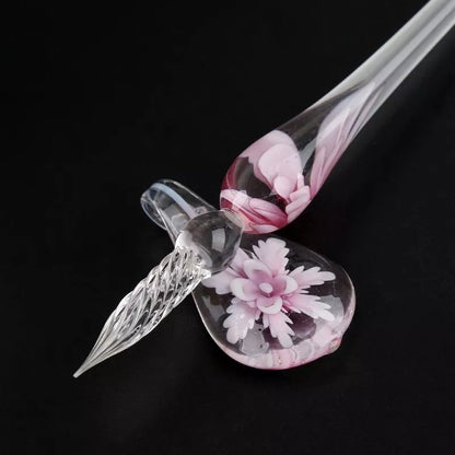Crystal Flower Glass Dip Pen Set with elegant floral design and smooth writing nib