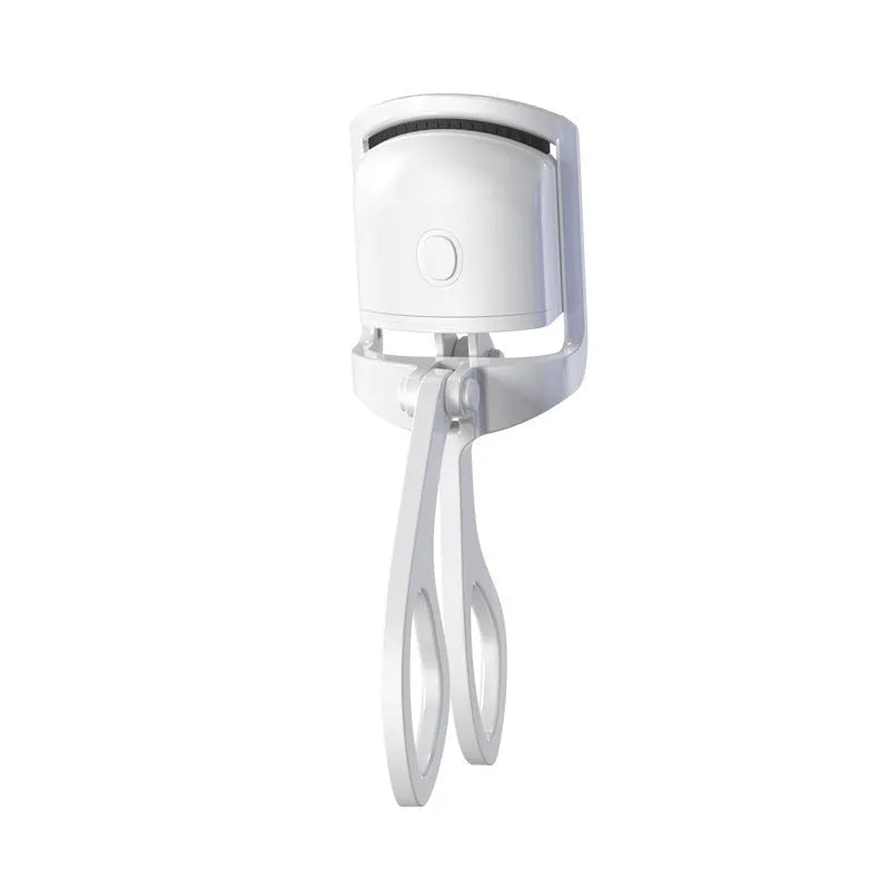 Pink heated electric eyelash curler with USB charging port and curved design with silicone pads
