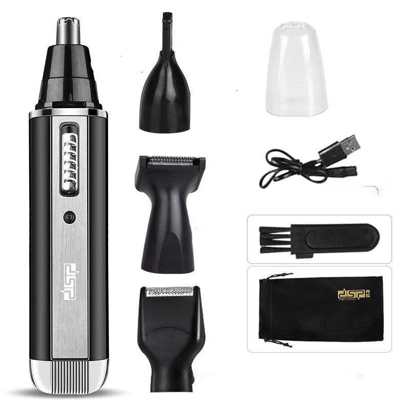 Blue cordless electric shaver and multi-groomer with trimming attachments on a white background.