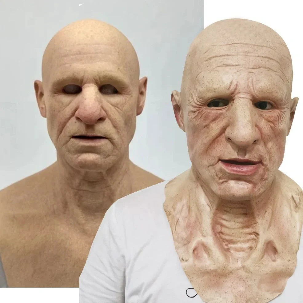 Latex old man Halloween mask with white hair and beard showing realistic facial wrinkles