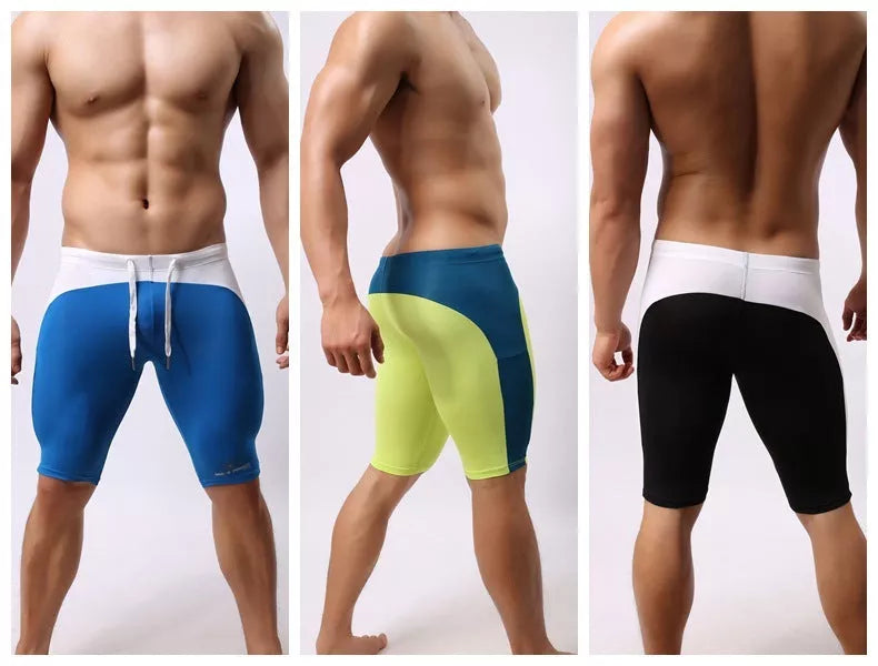 Brave Person Men's Nylon Swimming Trunks in red, black, green, and blue