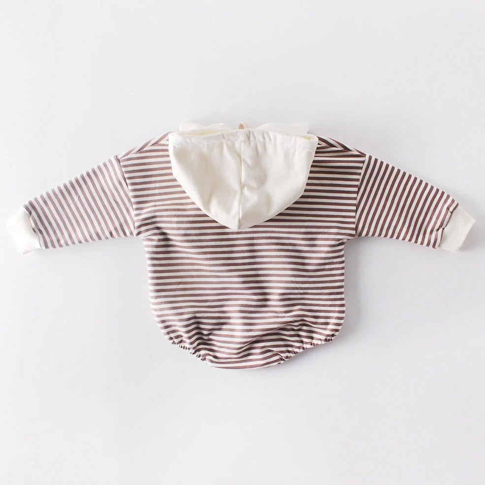 Striped baby climbing suit with hood and triangle design for crawling