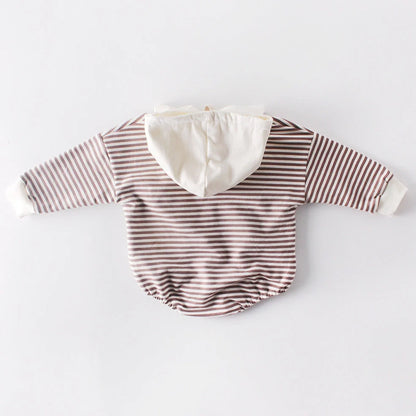 Striped baby climbing suit with hood and triangle design for crawling