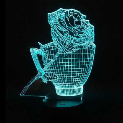 3D rose-shaped night light showing multiple colour options with remote control and USB cable