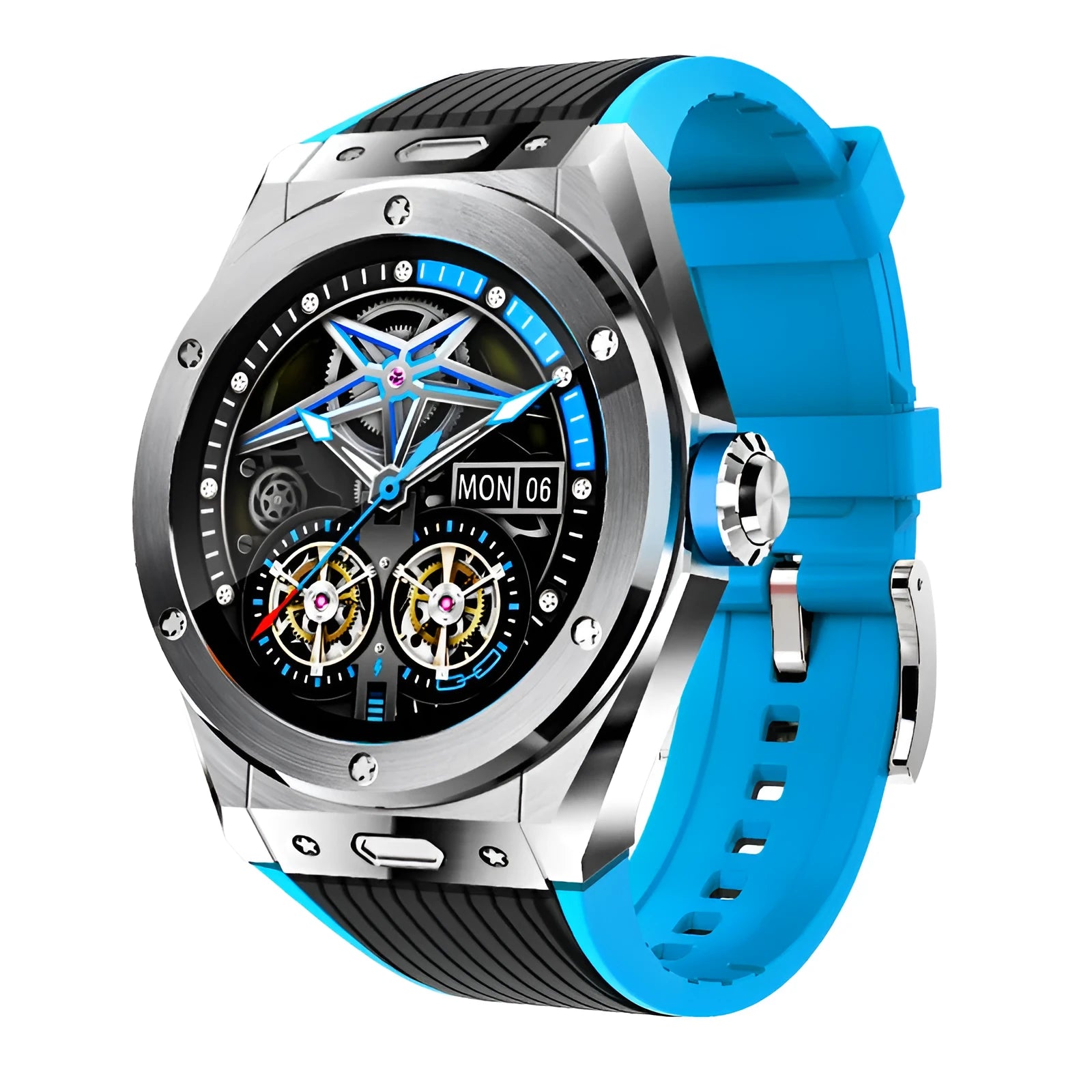Black Bluetooth smart watch with 1.28-inch screen showing heart rate display on silicone sport strap