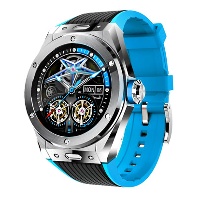 Black Bluetooth smart watch with 1.28-inch screen showing heart rate display on silicone sport strap