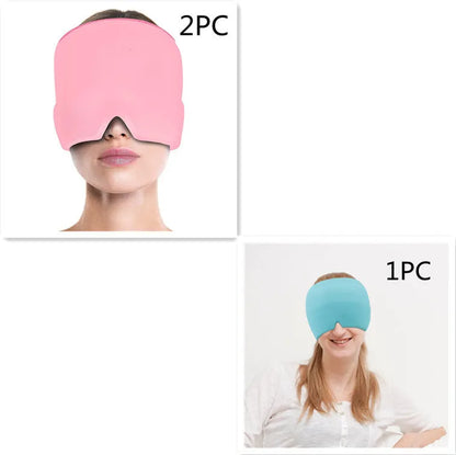 Black elastic cooling gel eye mask for headache relief placed on a forehead.
