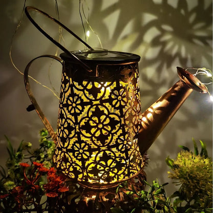 Wrought iron solar kettle light with butterfly design for garden decoration
