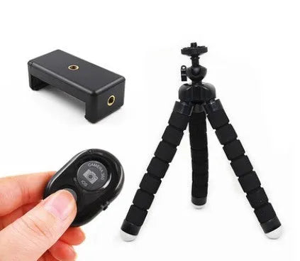Black flexible octopus tripod stand wrapped around a branch holding a smartphone for angled video capture