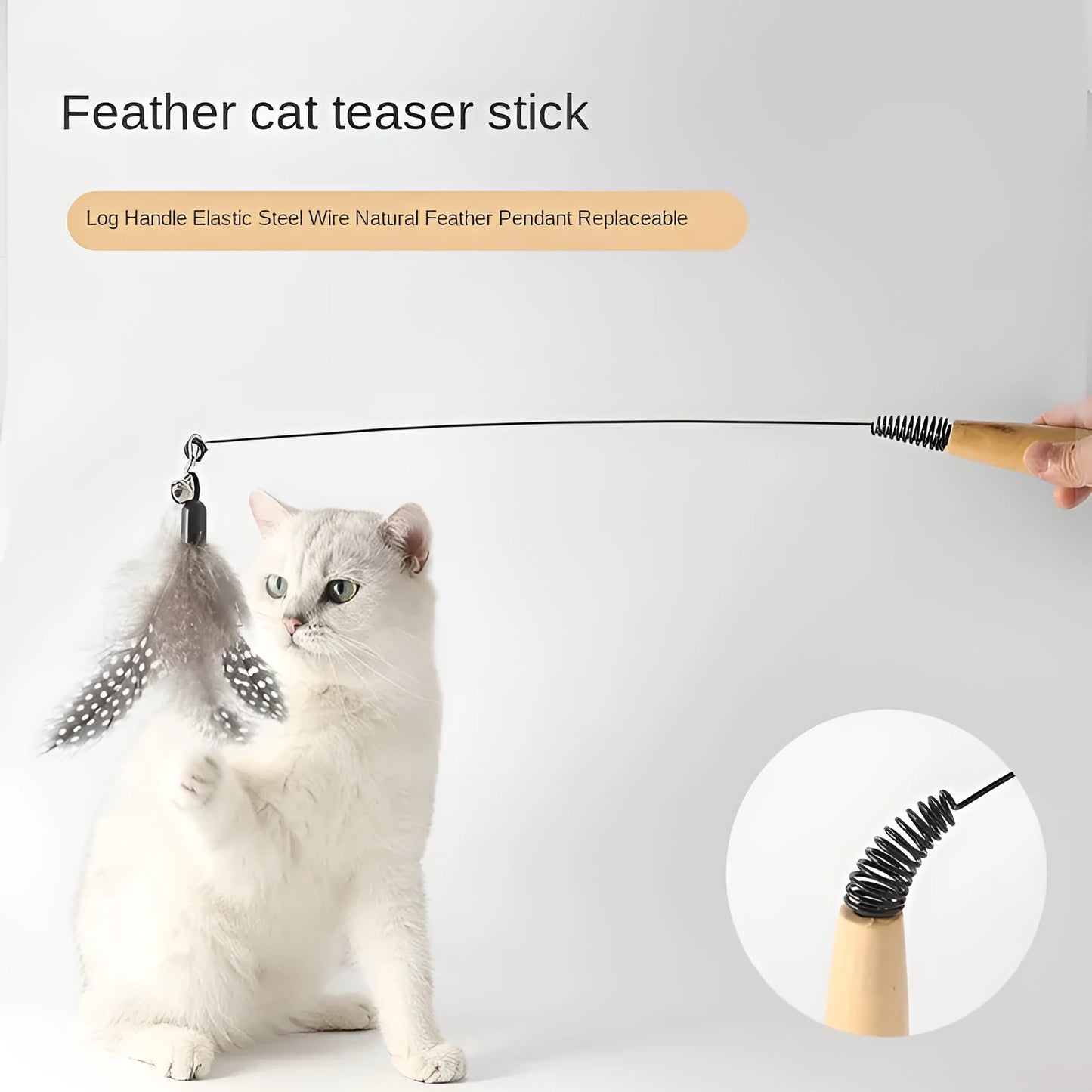 Wooden handle cat teasing stick with spring and replaceable feather bell head toy