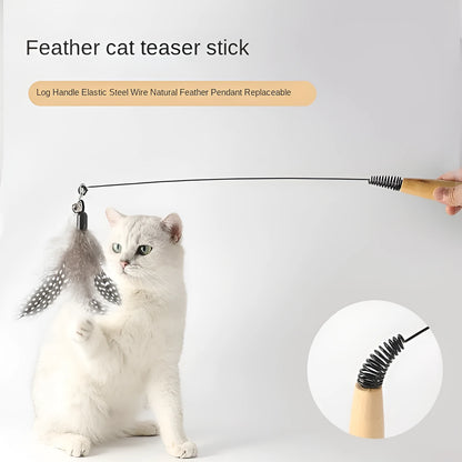 Wooden handle cat teasing stick with spring and replaceable feather bell head toy
