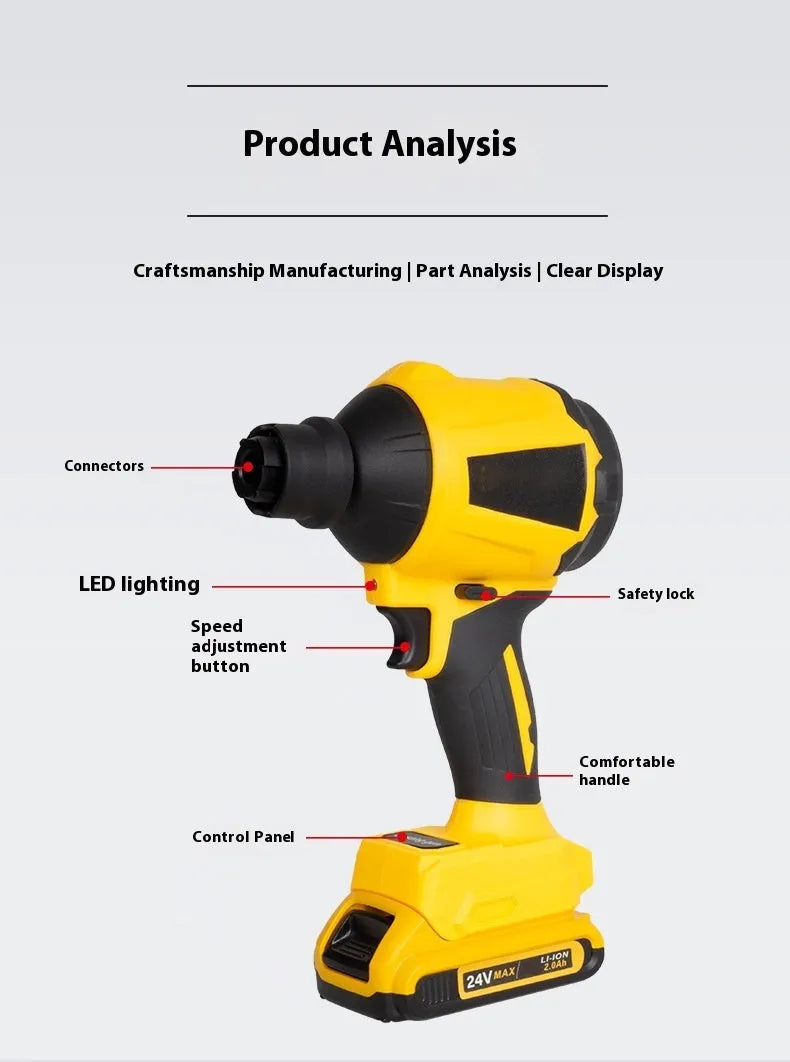 Yellow cordless lithium battery dust gun with accessories for household and office cleaning tasks