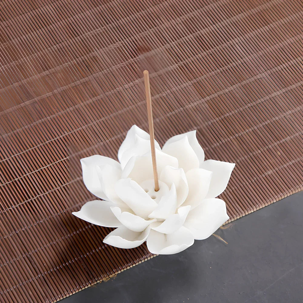 White porcelain lotus incense burner showing S and L size options with ceramic construction