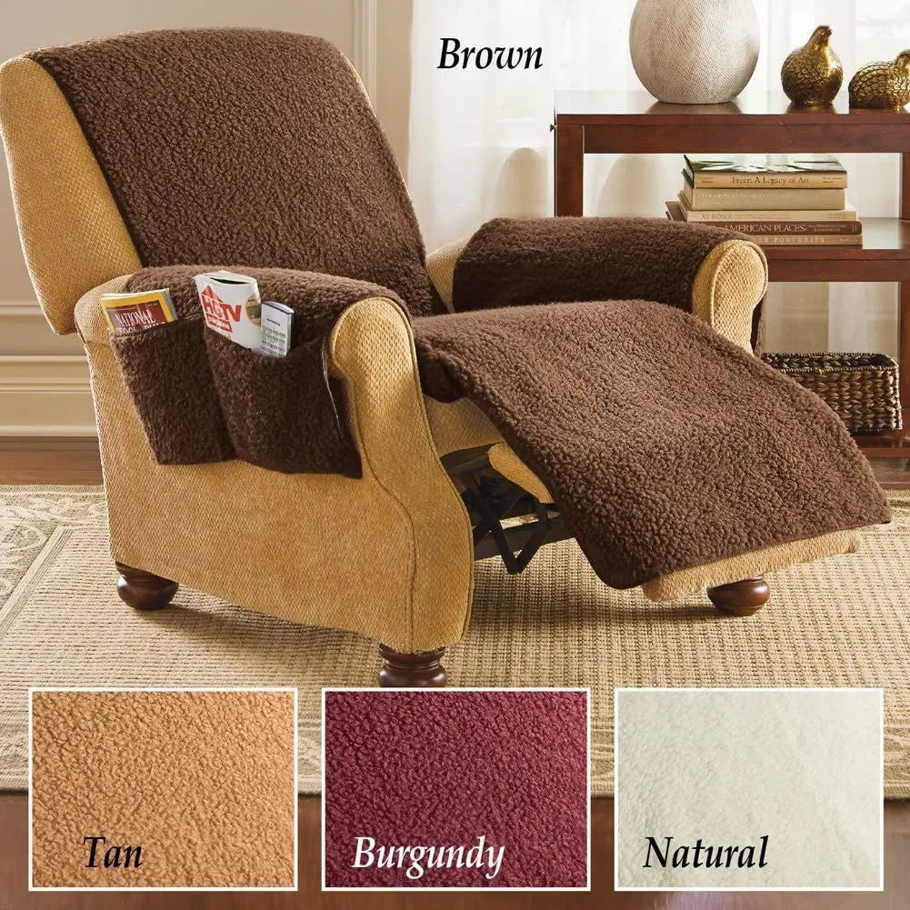 Lamb wool coloured sofa cushion cover with elastic hem stretched over 64cm wide cushion