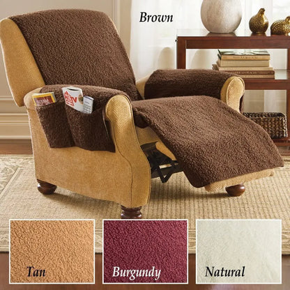 Lamb wool coloured sofa cushion cover with elastic hem stretched over 64cm wide cushion