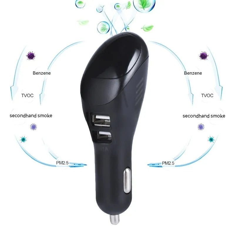 White car USB charger with integrated negative ion air purifier showing dimensions and vehicle power connection