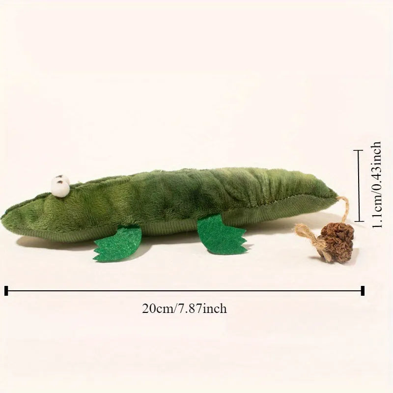 Green alligator plush cat toy with textured surface for dental cleaning filled with catnip and peppermint