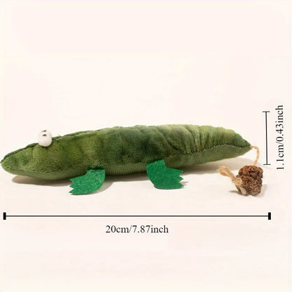 Green alligator plush cat toy with textured surface for dental cleaning filled with catnip and peppermint
