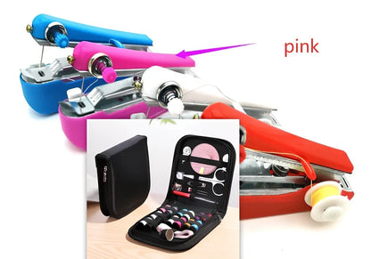 Small blue hand-held manual sewing machine showing stainless steel components and compact 11cm design