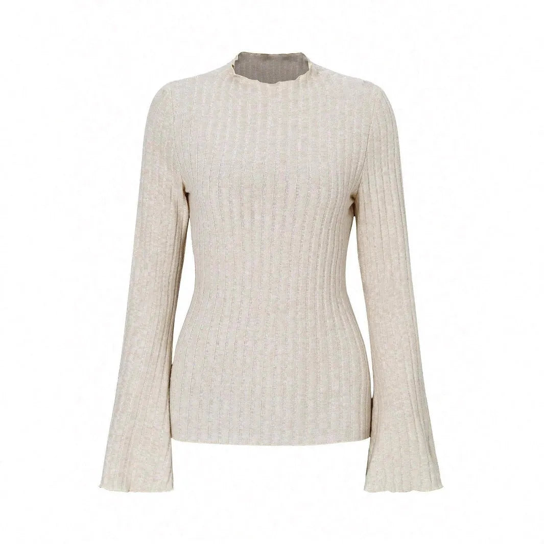 Long sleeve round neck top in black with lantern sleeves and slim fit, on a hanger
