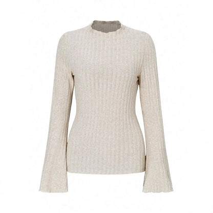 Long sleeve round neck top in black with lantern sleeves and slim fit, on a hanger