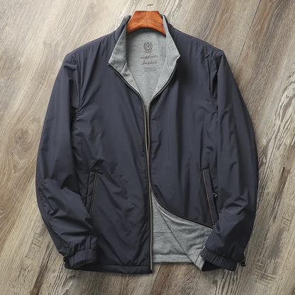 Men's simple stand collar casual jacket in army green, shown on a model.