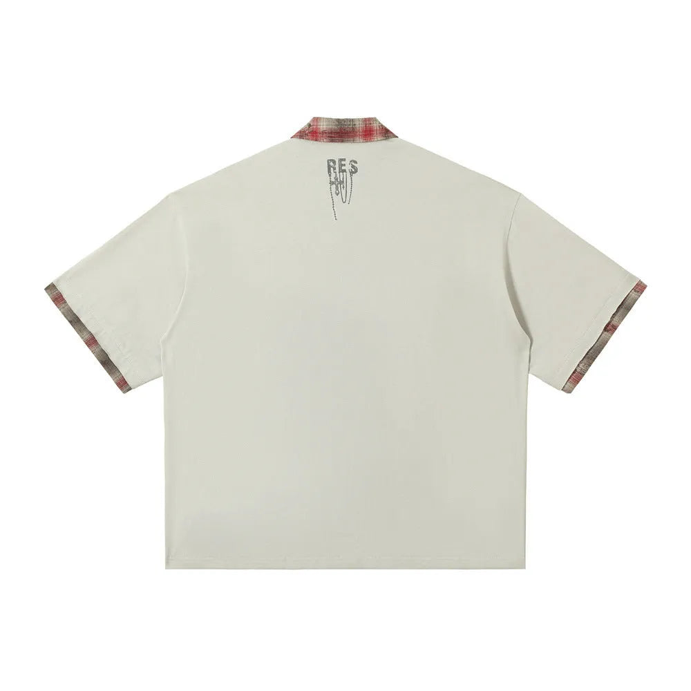 Men's asymmetric lapel graffiti print cotton top in loose fit with short sleeves for summer street style