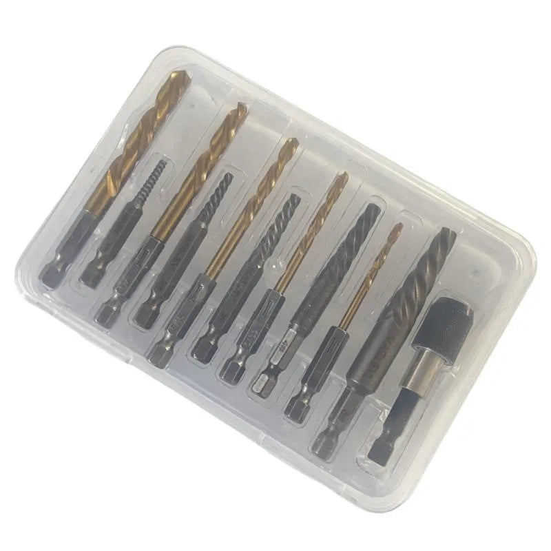 12-piece silver screw extractor set with hexagonal handles for removing damaged screws