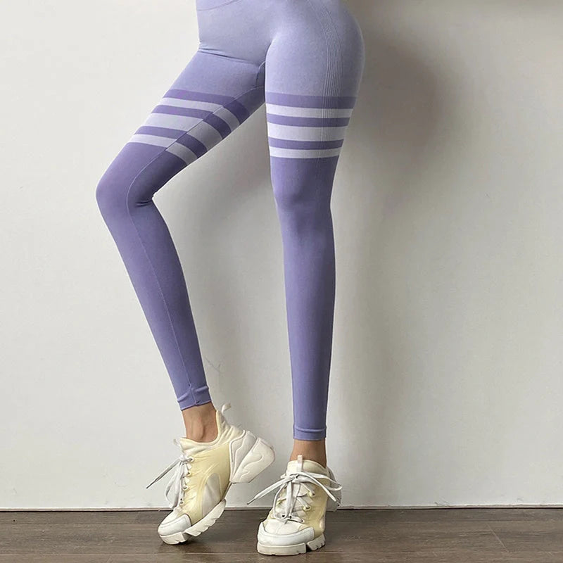 High-waisted fitness leggings with stripe design and tummy control