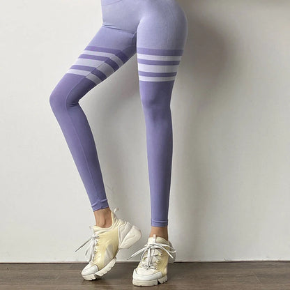 High-waisted fitness leggings with stripe design and tummy control