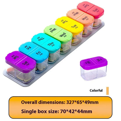 White and rainbow PP plastic pill box with 14 removable grids, showing 327mm length and detached compartments