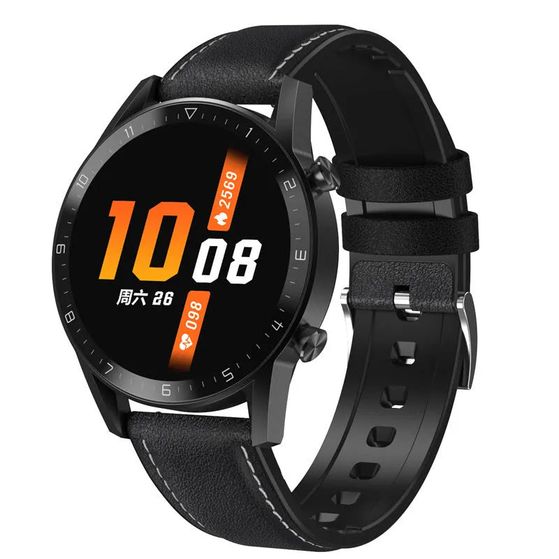 Multifunctional sports watch with 1.3-inch touchscreen on a genuine leather strap with classic buckle.